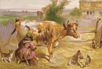La vieja Nancy ordeñando la vaca (litografía en color) de Harrison William Weir