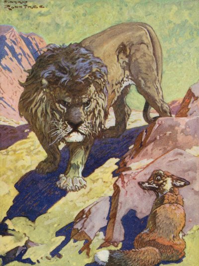 Fábulas de Esopo: La zorra y el león (litografía en color) de Harry (1878 1950) Rountree