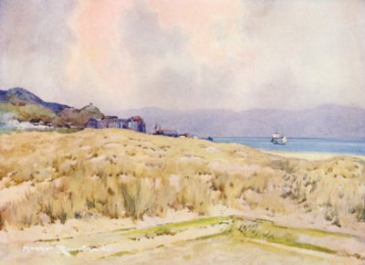 Campos de golf: Aberdovey, el pueblo desde el segundo tee (litografía en color) de Harry (1878 1950) Rountree