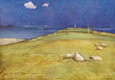 Campos de golf: Gullane, el sexto green y el séptimo tee (litografía en color) de Harry (1878 1950) Rountree