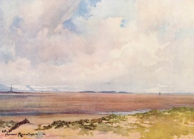 Campos de golf: Lago Hoy, mirando hacia Hilbre desde el noveno tee (litografía en color) de Harry (1878 1950) Rountree