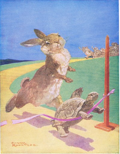 La liebre y la tortuga (litografía en color) de Harry Rountree