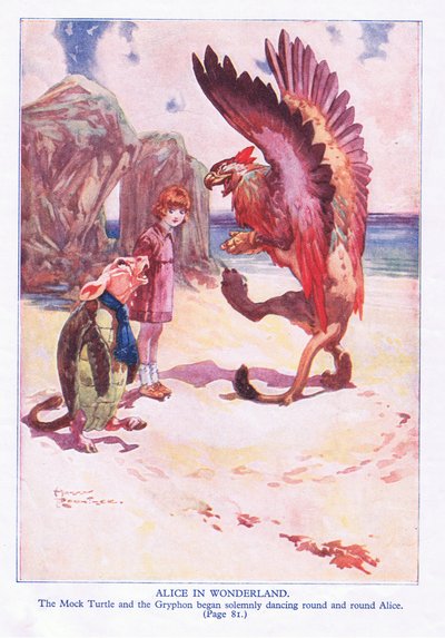 La falsa tortuga y el grifo empezaron a dar vueltas solemnes alrededor de Alicia (litografía en color) de Harry Rountree