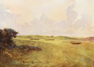 Campos de golf: Andrews, mirando hacia atrás desde el duodécimo green (litografía en color) de Harry (1878 1950) Rountree