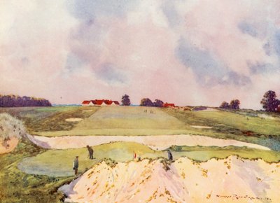 Campos de golf: Sandy Lodge, el primer green, mirando hacia la casa club (litografía en color) de Harry (1878 1950) Rountree