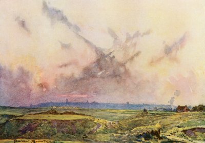 Campos de golf: St Andrews, la ciudad a lo lejos (litografía en color) de Harry (1878 1950) Rountree