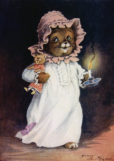 Gato en camisón, llevando una vela y un gato de peluche, yendo a la cama de Harry B Neilson