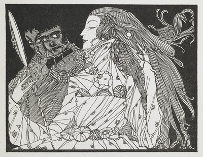 Ilustración para el cuento "Cenicienta". Una mujer mira su reflejo en un espejo de mano. de Harry Clarke