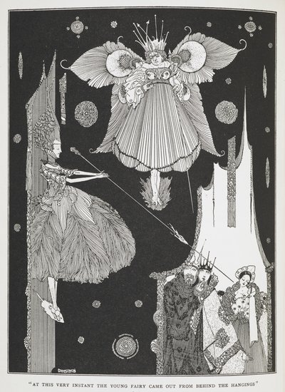 "En ese preciso instante, la joven hada salió de detrás de las colgaduras". Ilustración para el cuento "La Bella Durmiente en el bosque". de Harry Clarke