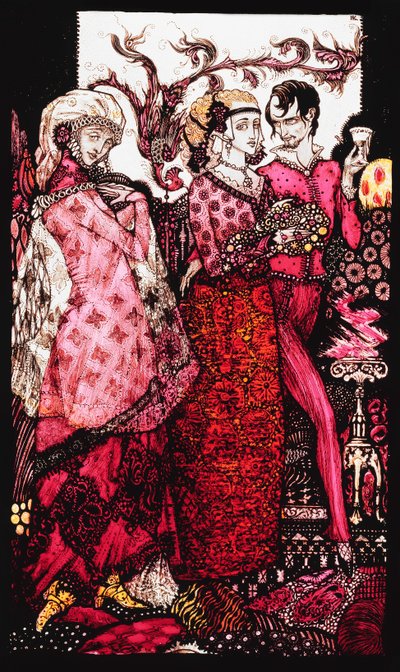 Bert el Pie Grande, cantado por Villon. "Reinas", nueve paneles de vidrio acidado, teñido y pintado, ilustrando el poema de J.M. Synge, 1917 de Harry Clarke