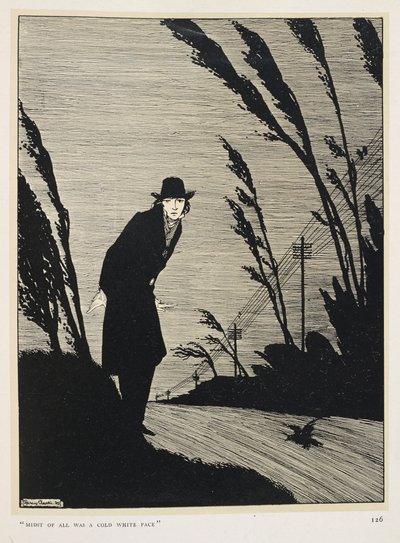 En blanco y negro. En medio de todo había un frío rostro blanco".
Un hombre vestido de negro; una hilera de postes de telégrafo. de Harry Clarke