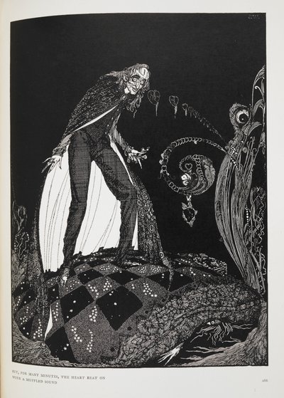 Pero, durante muchos minutos, el corazón latió con un sonido apagado". Ilustración del cuento "El corazón delator". El narrador asfixia al anciano con su propia cama. de Harry Clarke