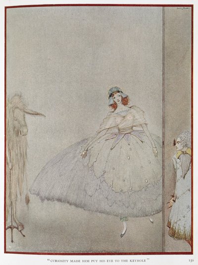 "La curiosidad le hizo poner el ojo en el ojo de la cerradura". Ilustración para el cuento "Piel de asno". Una princesa siendo espiada por otra princesa. de Harry Clarke