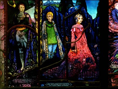 (detalle) La ventana de Ginebra que muestra a Los soñadores por Lennox Robinson y La condesa Cathleen por W.B. Yeats de Harry Clarke