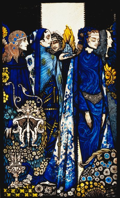Etain, Helen, Maeve y Fand, La mano tierna de Deirdre dorada. Reinas, nueve paneles de vidrio grabados, teñidos y pintados, ilustrando el poema de J.M. Synge de Harry Clarke