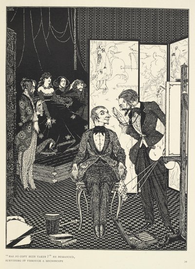 "¿No se ha sacado ninguna copia?", preguntó, examinándolo con un microscopio. Ilustración del cuento "El diablo en el campanario". de Harry Clarke