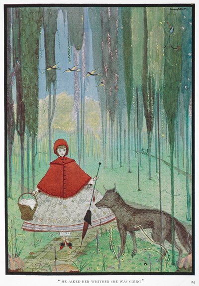 "Le preguntó adónde iba". Caperucita Roja se encuentra con el lobo, en un bosque. de Harry Clarke