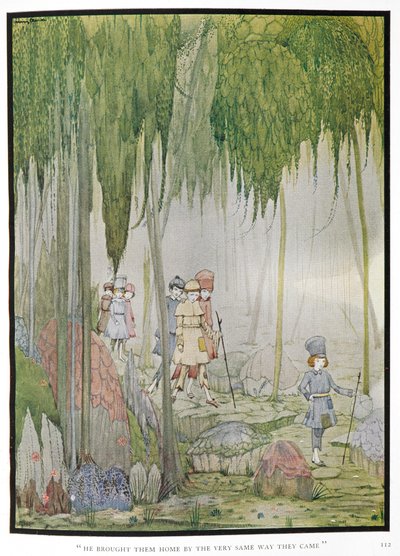 "Los trajo a casa por el mismo camino por el que vinieron". Ilustración para el cuento "Pulgarcito". Niños en un bosque. de Harry Clarke