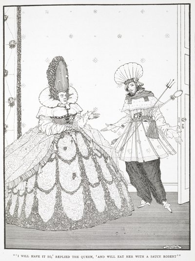 "Así lo haré", respondió la Reina, "y me la comeré con un Sauce Robert".
Ilustración del cuento "La bella durmiente del bosque". de Harry Clarke