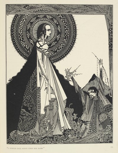 "Invocaría en voz alta su nombre". Ilustración de Ligeia, un relato corto.
"Ligeia" es un cuento de Edgar Allan Poe. La historia sigue a un narrador sin nombre y a su esposa Ligeia, una hermosa e inteligente mujer de pelo negro. Ella cae enferma, compone " de Harry Clarke