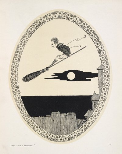 "Si tuviera un palo de escoba". Ilustración para un poema de Patrick R. Chalmers.
Un niño en una escoba de Harry Clarke