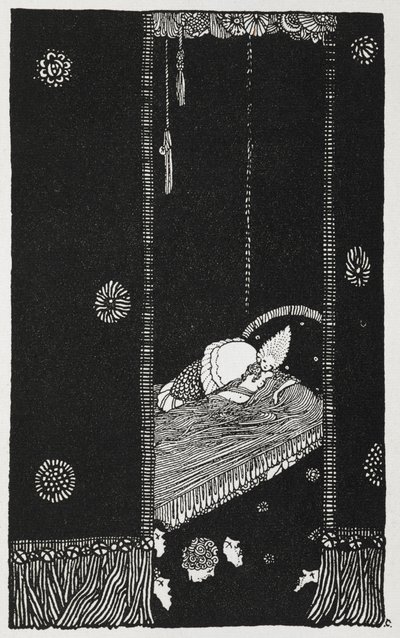 Ilustración para el cuento "La bella durmiente en el bosque". La Bella Durmiente en su cama. de Harry Clarke