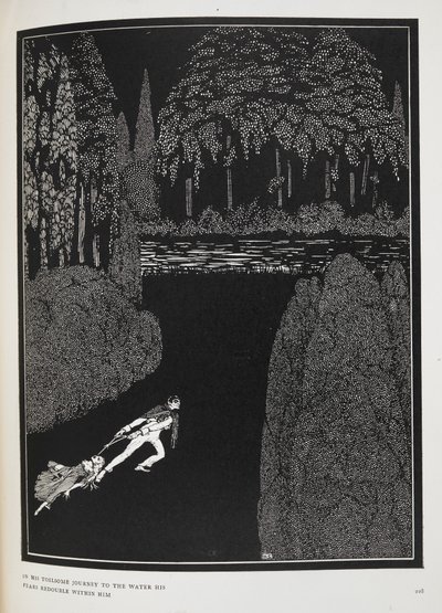 En su penoso viaje hasta el agua, sus temores se redoblan con él". Ilustración para el cuento "El misterio de Marie Roget". de Harry Clarke