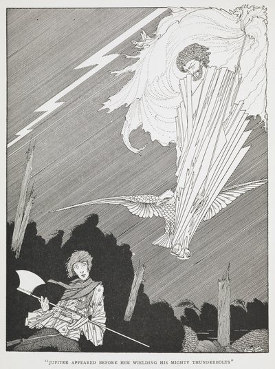"Júpiter apareció ante él blandiendo sus poderosos rayos". Ilustración de "los ridículos deseos". de Harry Clarke