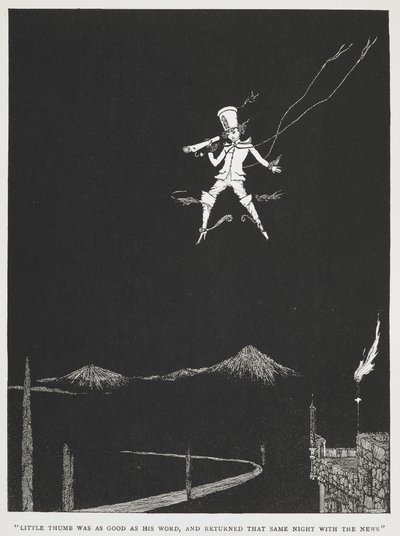 "Pulgarcito cumplió su palabra y regresó esa misma noche con la noticia". Un mensajero volando por el cielo nocturno. Ilustración del cuento "Pulgarcito". de Harry Clarke