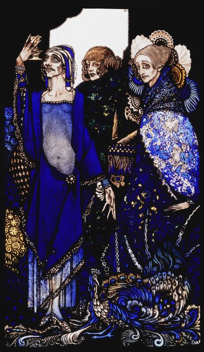 Reinas que desperdiciaron el Este por poder. "Reinas", nueve paneles de vidrio acidificados, teñidos y pintados, ilustrando el poema de J.M. Synge de Harry Clarke