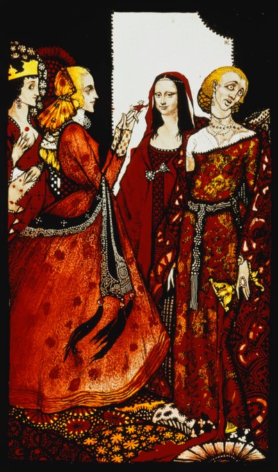 Reinas cuyo dedo una vez agitó a los hombres. "Reinas", nueve paneles de vidrio acidificados, teñidos y pintados, ilustrando el poema de J.M. Synge de Harry Clarke