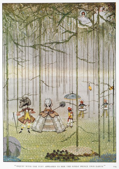 "Riquet con el mechón le pareció el mejor príncipe de la Tierra". Ilustración del cuento "Riquet el del penacho". Una princesa en un bosque conociendo al príncipe Riquet con el mechón. de Harry Clarke