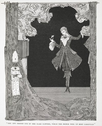 "Se dejó uno de sus zapatitos de cristal, que el Príncipe recogió con sumo cuidado". Ilustración del cuento Cenicienta o El zapatito de cristal. de Harry Clarke