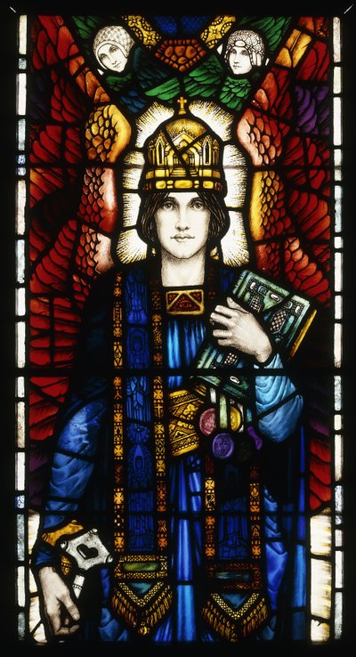 San Pedro, un panel de vidrieras, que representa al joven San Pedro alado con una mitra, y sosteniendo llaves simbólicas y un libro, con un par de ángeles asistentes, c.1910-13 de Harry Clarke
