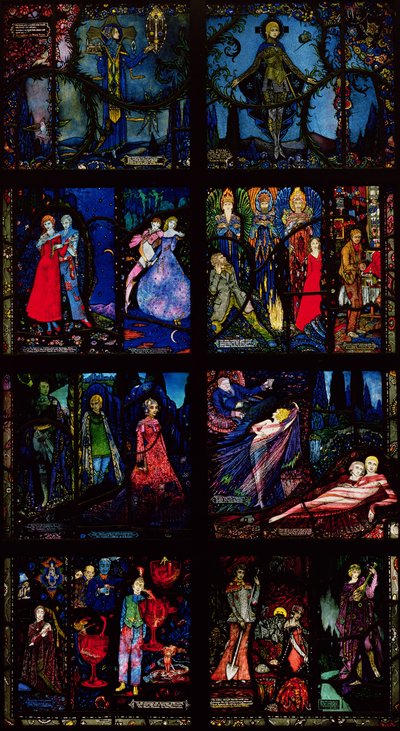 La ventana de Ginebra, ocho paneles que representan escenas de la literatura irlandesa temprana, 1929 de Harry Clarke