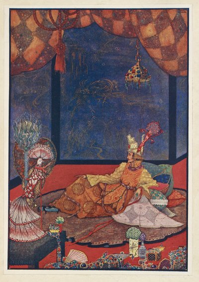 El ruiseñor. El pájaro artificial estaba colocado sobre un cojín de seda cerca de la cama del Emperador. de Harry Clarke