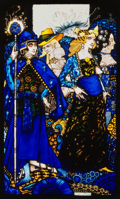 Las reinas de Saba, Meath y Connaught. "Reinas", nueve paneles de vidrio grabados, teñidos y pintados, ilustrando el poema de J.M. Synge, 1917 de Harry Clarke
