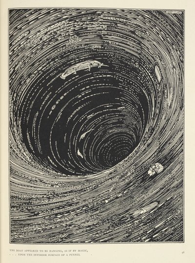 "El barco parecía estar colgando... sobre la superficie interior de un embudo de vasta circunferencia". Ilustración para la historia "Un descenso al Maelstrom". de Harry Clarke