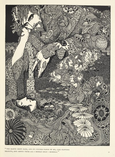 "La tierra se oscureció, y sus figuras pasaron a mi lado, como sombras revoloteantes... Morella" Ilustración para el cuento "Morella". de Harry Clarke