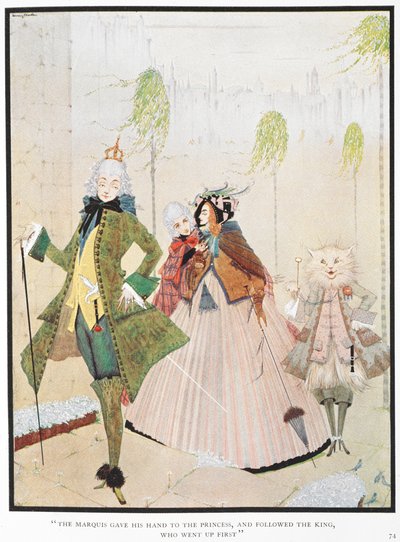"El marqués dio la mano a los príncipes y siguió al rey, que subió primero". Ilustración para el cuento "el maestro gato o el gatito con botas". de Harry Clarke