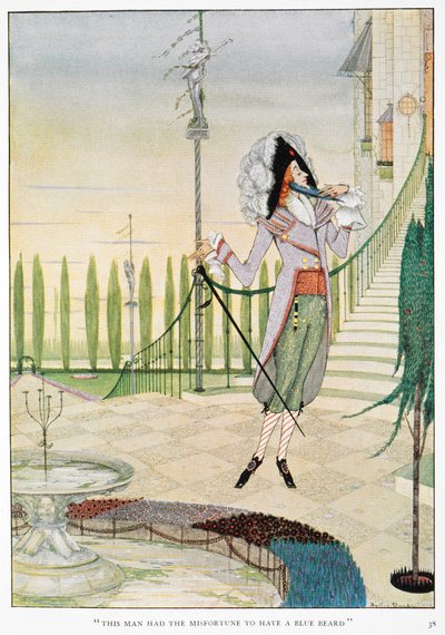 "Este hombre tuvo la desgracia de tener una Barba Azul". Barba Azul acariciándose la barba. de Harry Clarke