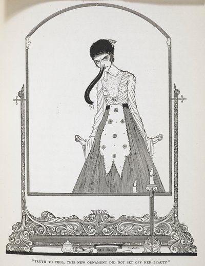 "A decir verdad, este nuevo adorno no realzaba su belleza". Ilustración para el cuento "Los deseos ridículos". de Harry Clarke