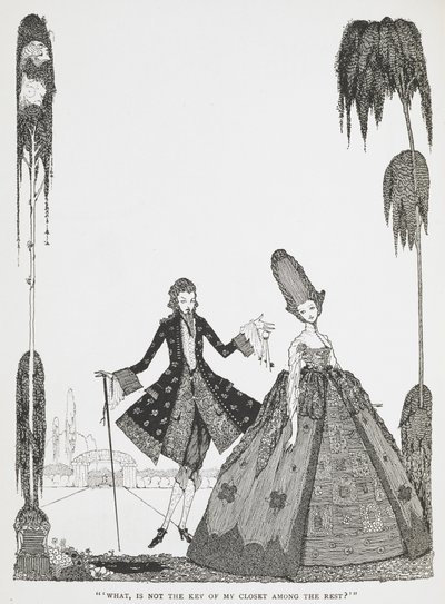 "¿Qué, no está la llave de mi armario entre el resto?" Ilustración del cuento "Barba azul". de Harry Clarke