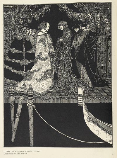 "Era la marquesa Afrodita, la adoración de toda Venecia". Ilustración para el cuento "La asignación". de Harry Clarke