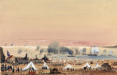 El desembarco en Kinburn (Ucrania, Rusia) en octubre de 1855, un campamento del ejército británico en la orilla, con la flota anclada mar adentro, incluido el HMS Tribune. de Harry Edmond Edgell