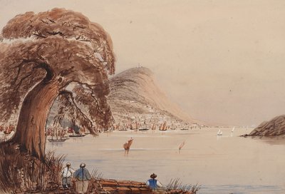 Vista de una ciudad costera con árbol y figuras en primer plano de Harry Edmond Edgell