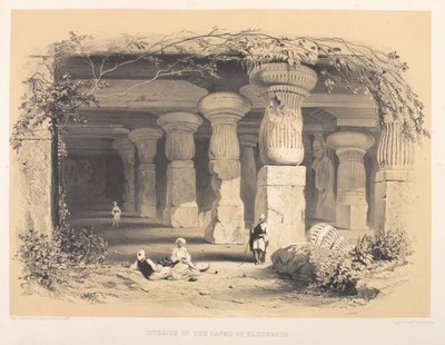 Interior de las cuevas de Elefanta (litografía coloreada) de Harry Francis Darell