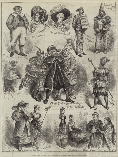 Personajes en el baile de disfraces en el manicomio de Colney Hatch de Harry Furniss