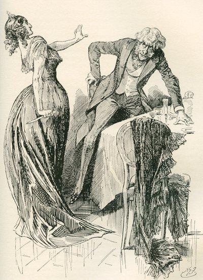 Edith y el Sr. Carker. "Se acercaba alegremente a ella cuando, en un instante, cogió el cuchillo de la mesa y retrocedió un paso. "¡Quédate quieto -le dijo- o te mato!". Ilustración de Harry Furniss para la novela de Charles Dickens de Harry Furniss