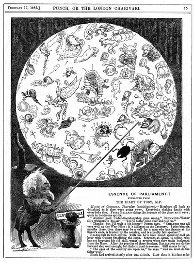 Esencia del Parlamento: Caricatura marcando la apertura de la primera sesión del Parlamento de 1883 de Harry Furniss